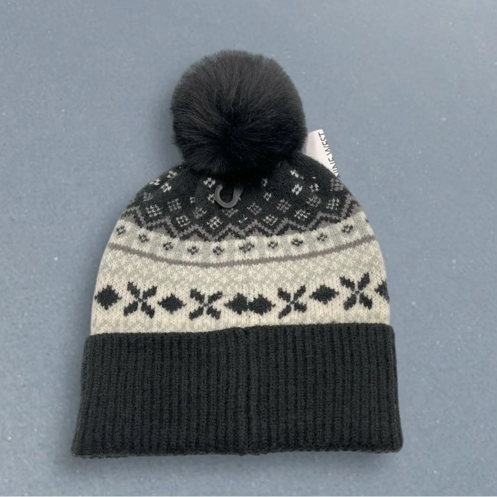 Nine West Fair Isle Faux Fur Trim Beanie Grey with Jewels RHINESTONES Knit Hat